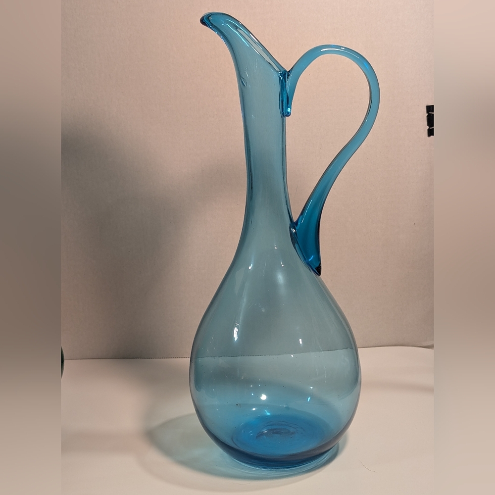 Vintage Empoli Ii Italian Clear Teal/Blue Glass Tall Decanter, Large MCM